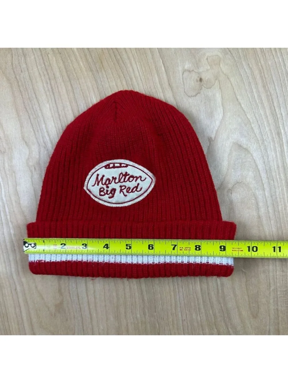 Vintage 70s Marlton Big Red Beanie Chain Stitch football wool knit hat stripe